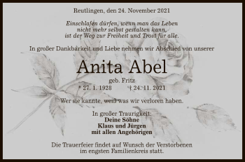 Anzeige von Anita Abel von Reutlinger General-Anzeiger