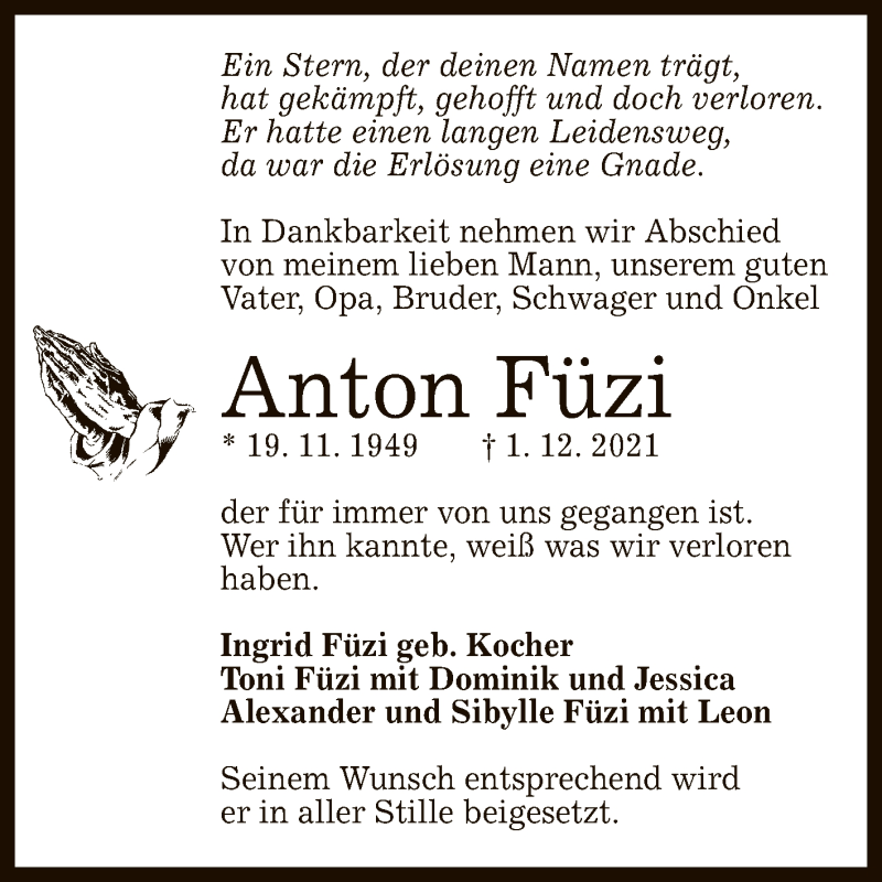  Traueranzeige für Anton Füzi vom 04.12.2021 aus Reutlinger General-Anzeiger