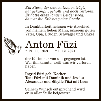 Anzeige von Anton Füzi von Reutlinger General-Anzeiger