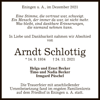 Anzeige von Arndt Schlottig von Reutlinger General-Anzeiger