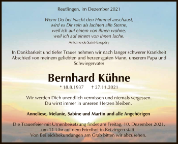 Anzeige von Bernhard Kühne von Reutlinger General-Anzeiger