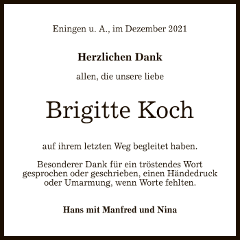 Anzeige von Brigitte Koch von Reutlinger General-Anzeiger