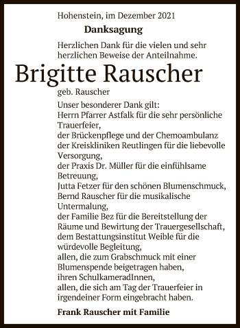 Anzeige von Brigitte Rauscher von Reutlinger General-Anzeiger