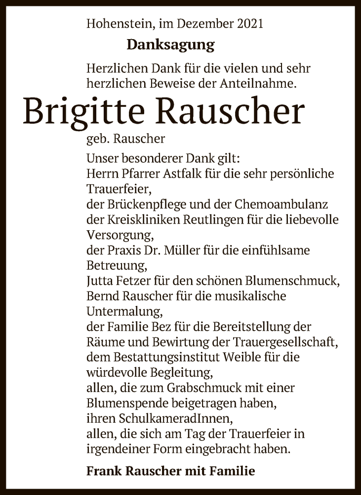  Traueranzeige für Brigitte Rauscher vom 21.12.2021 aus Reutlinger General-Anzeiger