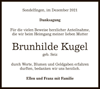 Anzeige von Brunhilde Kugel von Reutlinger General-Anzeiger