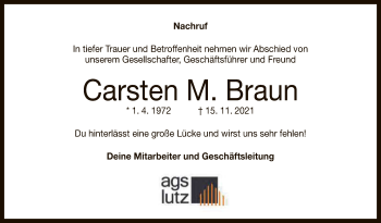 Anzeige von Carsten M. Braun von Reutlinger General-Anzeiger