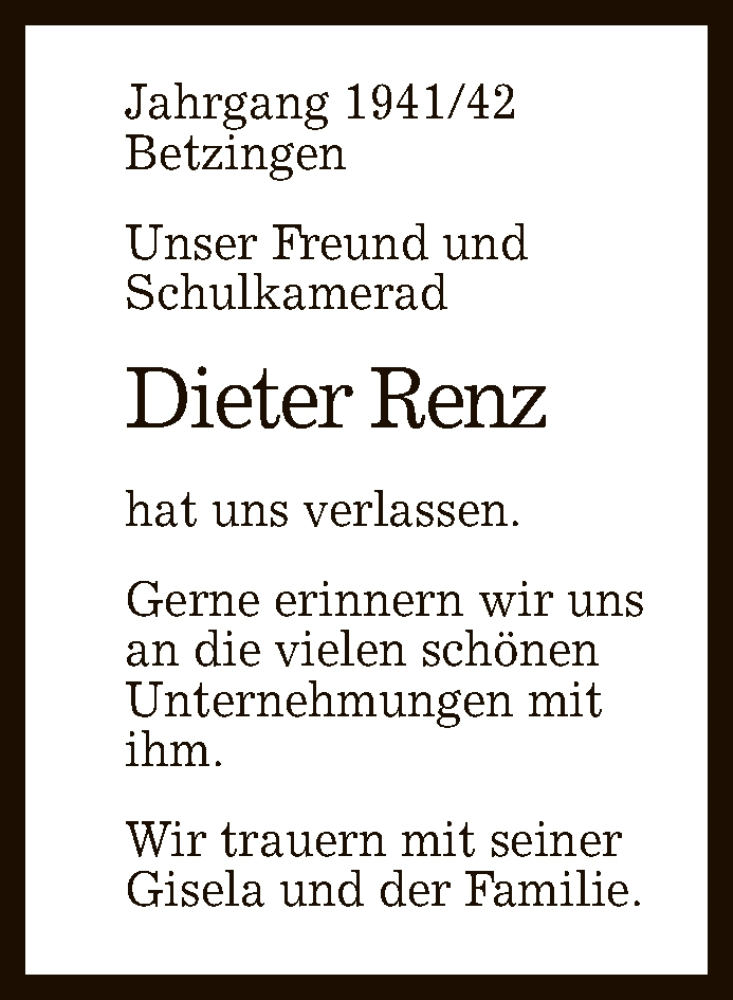  Traueranzeige für Dieter Renz vom 28.12.2021 aus Reutlinger General-Anzeiger