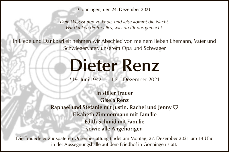  Traueranzeige für Dieter Renz vom 24.12.2021 aus Reutlinger General-Anzeiger