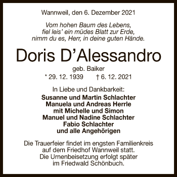Anzeige von Doris D’Alessandro von Reutlinger General-Anzeiger