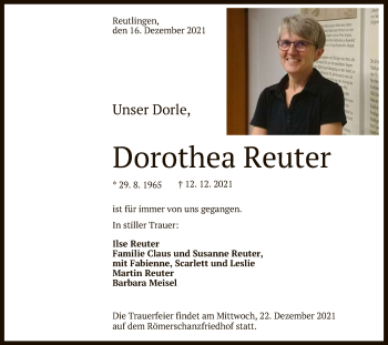 Anzeige von Dorothea Reuter von Reutlinger General-Anzeiger