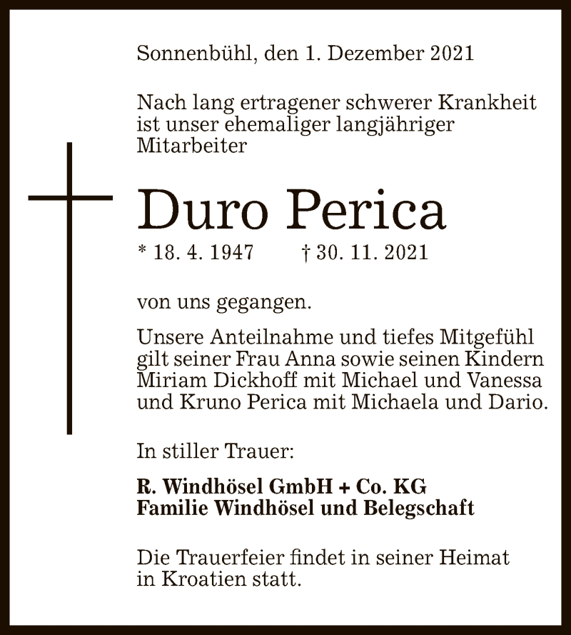  Traueranzeige für Duro Perica vom 04.12.2021 aus Reutlinger General-Anzeiger