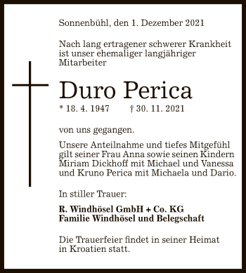 Anzeige von Duro Perica von Reutlinger General-Anzeiger