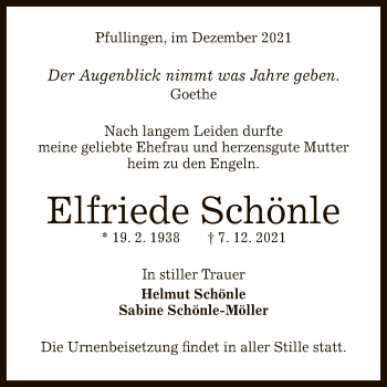 Anzeige von Elfriede Schönle von Reutlinger General-Anzeiger