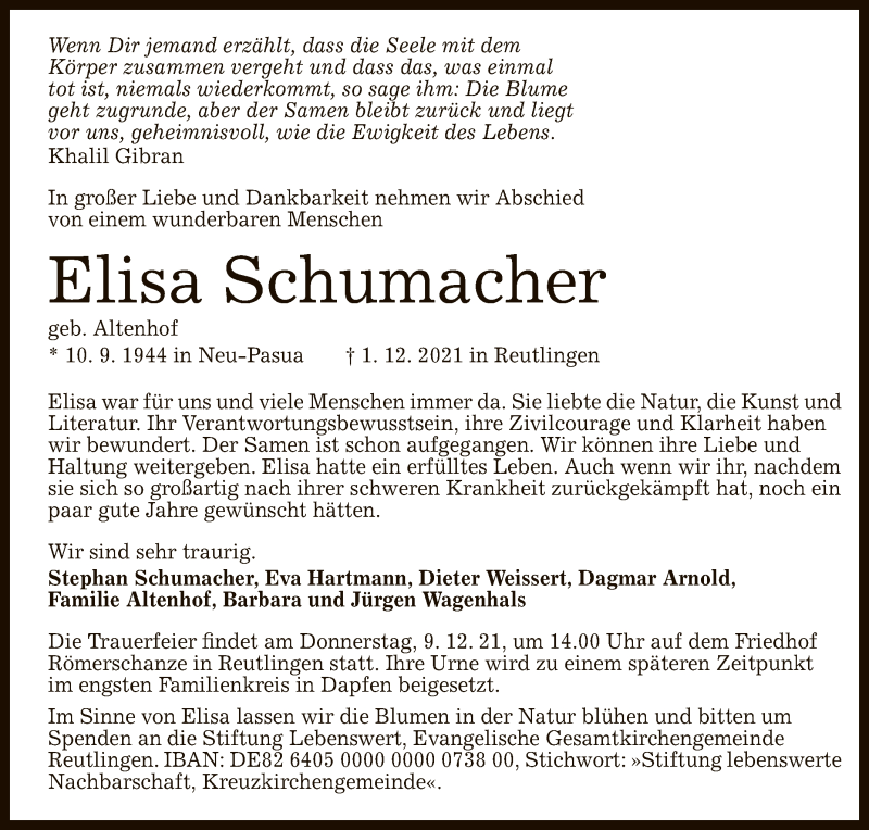  Traueranzeige für Elisa Schumacher vom 04.12.2021 aus Reutlinger General-Anzeiger