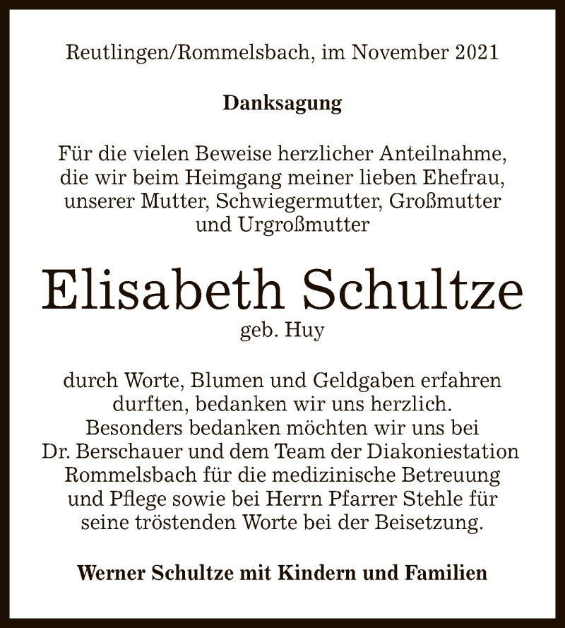  Traueranzeige für Elisabeth Schultze vom 04.12.2021 aus Reutlinger General-Anzeiger