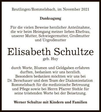 Anzeige von Elisabeth Schultze von Reutlinger General-Anzeiger