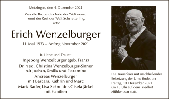 Anzeige von Erich Wenzelburger von Reutlinger General-Anzeiger