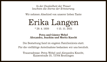 Anzeige von Erika Langen von Reutlinger General-Anzeiger