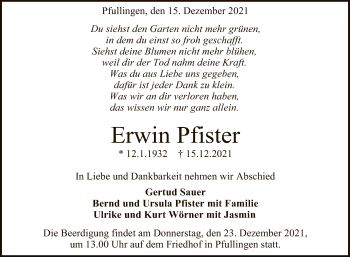 Anzeige von Erwin Pfister von Reutlinger General-Anzeiger