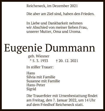 Anzeige von Eugenie Dummann von Reutlinger General-Anzeiger