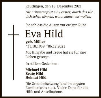 Anzeige von Eva Hild von Reutlinger General-Anzeiger