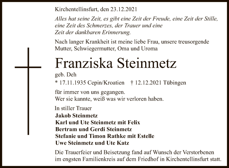  Traueranzeige für Franziska Steinmetz vom 27.12.2021 aus Reutlinger General-Anzeiger