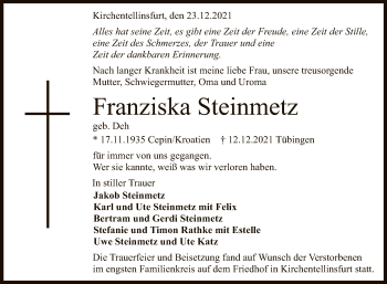 Anzeige von Franziska Steinmetz von Reutlinger General-Anzeiger