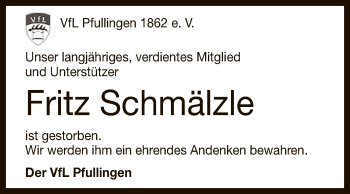 Anzeige von Fritz Schmälzle von Reutlinger General-Anzeiger
