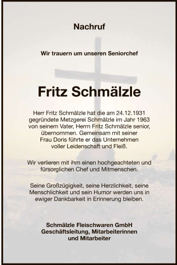 Anzeige von Fritz Schmälzle von Reutlinger General-Anzeiger