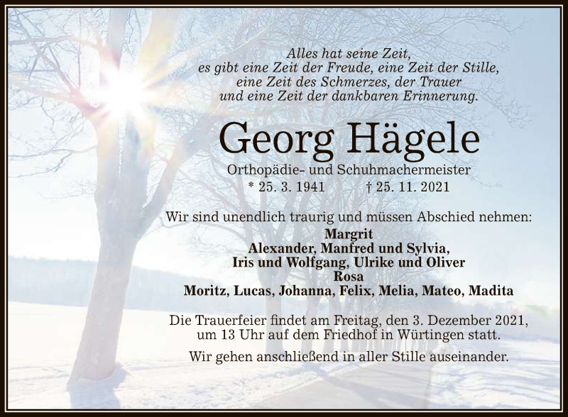  Traueranzeige für Georg Hägele vom 02.12.2021 aus Reutlinger General-Anzeiger