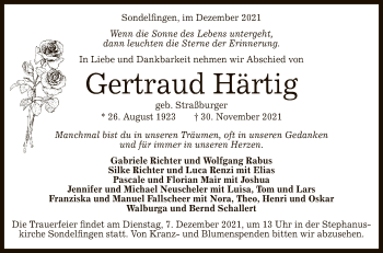 Anzeige von Gertraud Härtig von Reutlinger General-Anzeiger