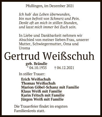 Anzeige von Gertrud Weißschuh von Reutlinger General-Anzeiger