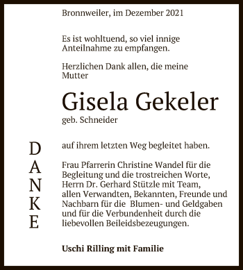 Anzeige von Gisela Gekeler von Reutlinger General-Anzeiger