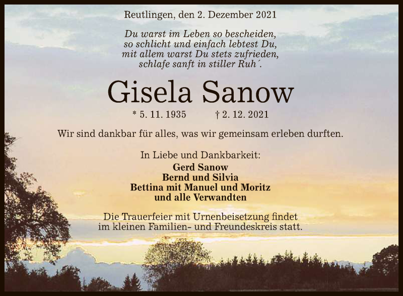  Traueranzeige für Gisela Sanow vom 04.12.2021 aus Reutlinger General-Anzeiger
