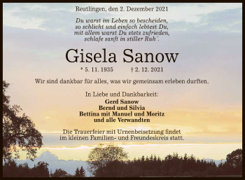 Anzeige von Gisela Sanow von Reutlinger General-Anzeiger