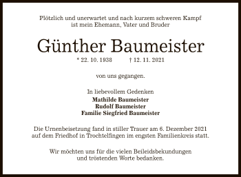 Anzeige von Günther Baumeister von Reutlinger General-Anzeiger