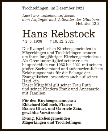 Anzeige von Hans Rebstock von Reutlinger General-Anzeiger