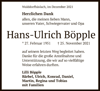 Anzeige von Hans-Ulrich Böpple von Reutlinger General-Anzeiger