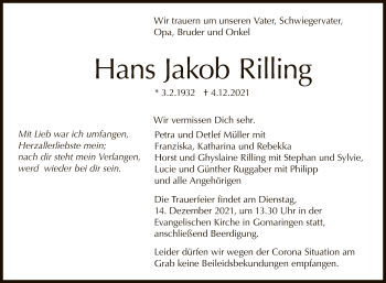Anzeige von Hans Jakob Rilling von Reutlinger General-Anzeiger
