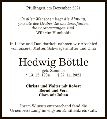 Anzeige von Hedwig Böttle von Reutlinger General-Anzeiger