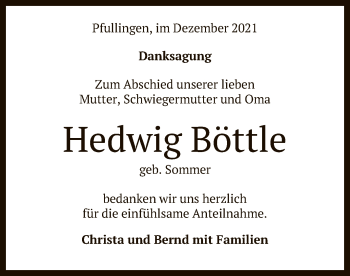Anzeige von Hedwig Böttle von Reutlinger General-Anzeiger