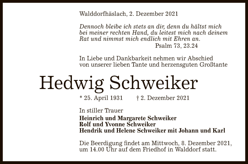  Traueranzeige für Hedwig Schweiker vom 04.12.2021 aus Reutlinger General-Anzeiger