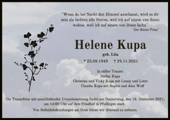 Anzeige von Helene Kupa von Reutlinger General-Anzeiger