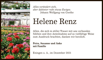 Anzeige von Helene Renz von Reutlinger General-Anzeiger