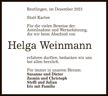 Anzeige von Helga Weinmann von Reutlinger General-Anzeiger