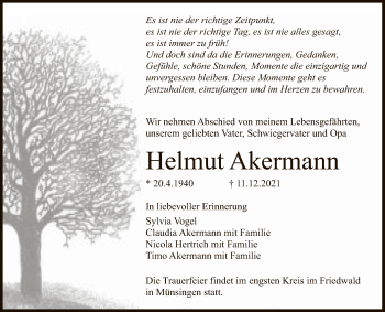 Anzeige von Helmut Akermann von Reutlinger General-Anzeiger