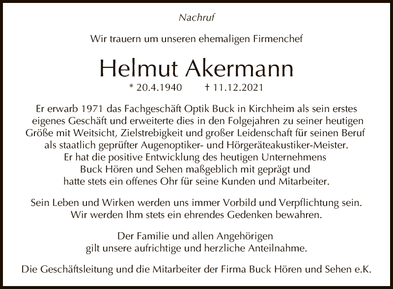  Traueranzeige für Helmut Akermann vom 18.12.2021 aus Reutlinger General-Anzeiger