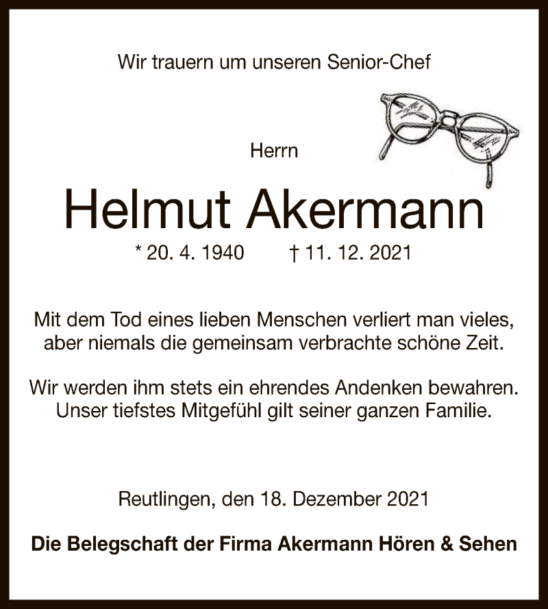  Traueranzeige für Helmut Akermann vom 18.12.2021 aus Reutlinger General-Anzeiger