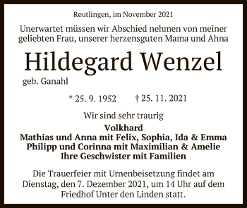 Anzeige von Hildegard Wenzel von Reutlinger General-Anzeiger