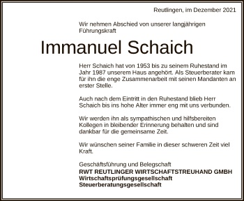 Anzeige von Immanuel Schaich von Reutlinger General-Anzeiger